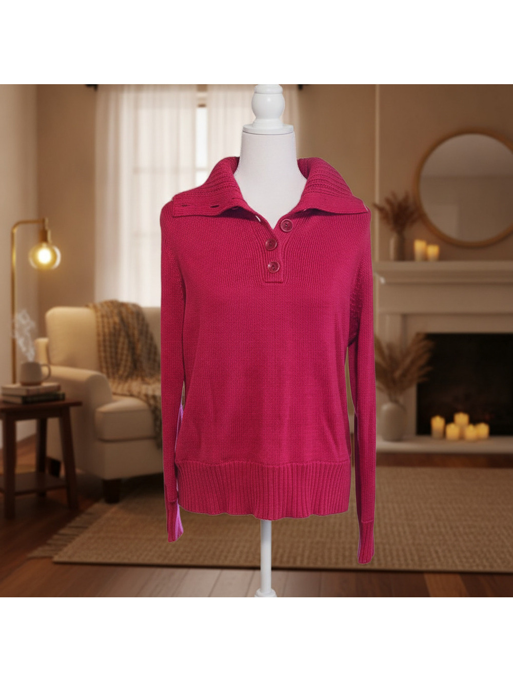 Talbots Cotton Sweater with Button Collar, Size Large
